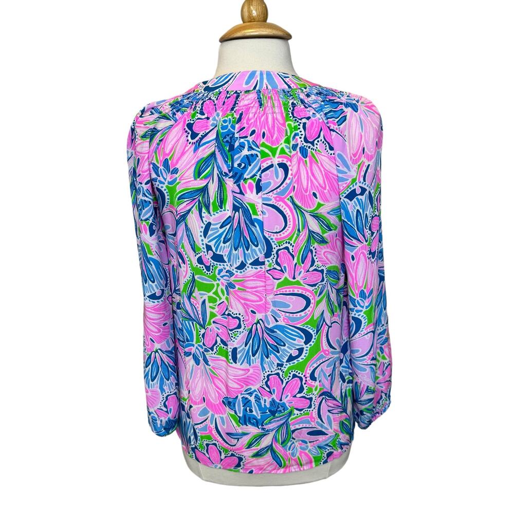 Lilly Pulitzer Elsa Silk Long Sleeve Top Gecko Green Tiger Sunrise Size Small - Picture 9 of 14